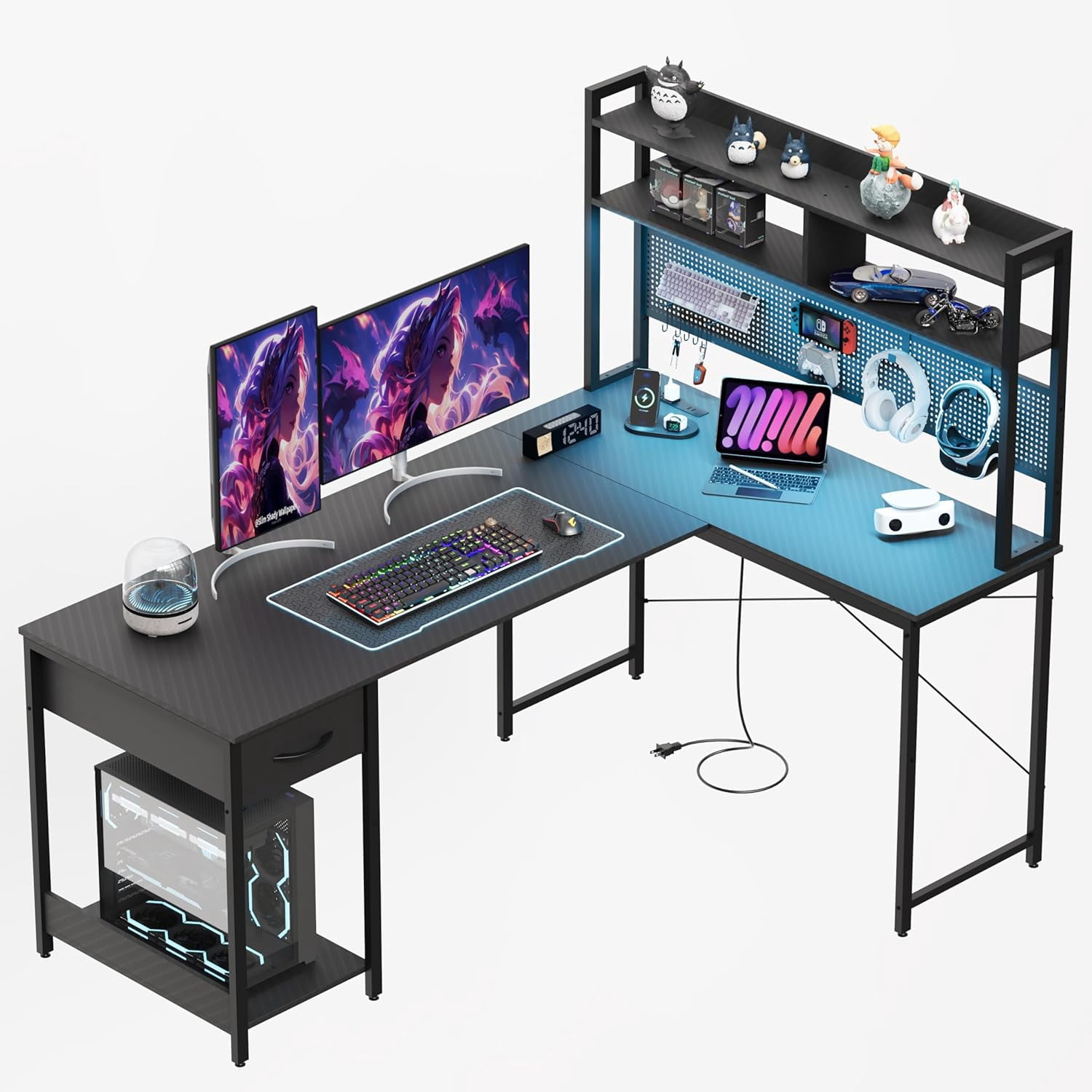 53-Inch Reversible L-Shaped Gaming Desk with LED Lights, Carbon Fiber Surface, Pegboard, Drawer, PC Tower Stand, and USB Charging Port