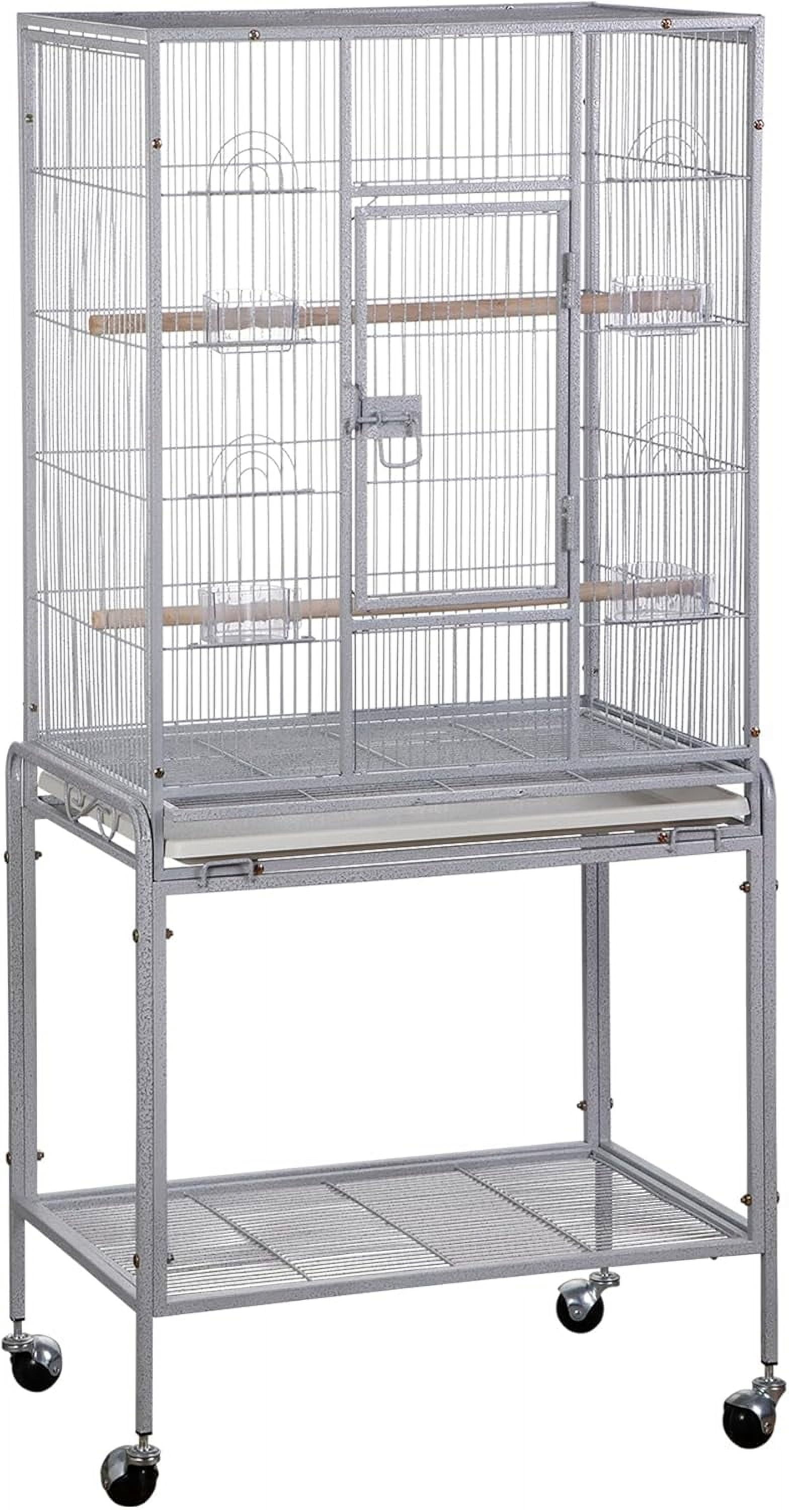 53-Inch Rolling Bird Cage, Wrought Iron Large Cage with Stand and Storage Shelf for Parrots, Cockatiels, Parakeets, and Macaws (White)