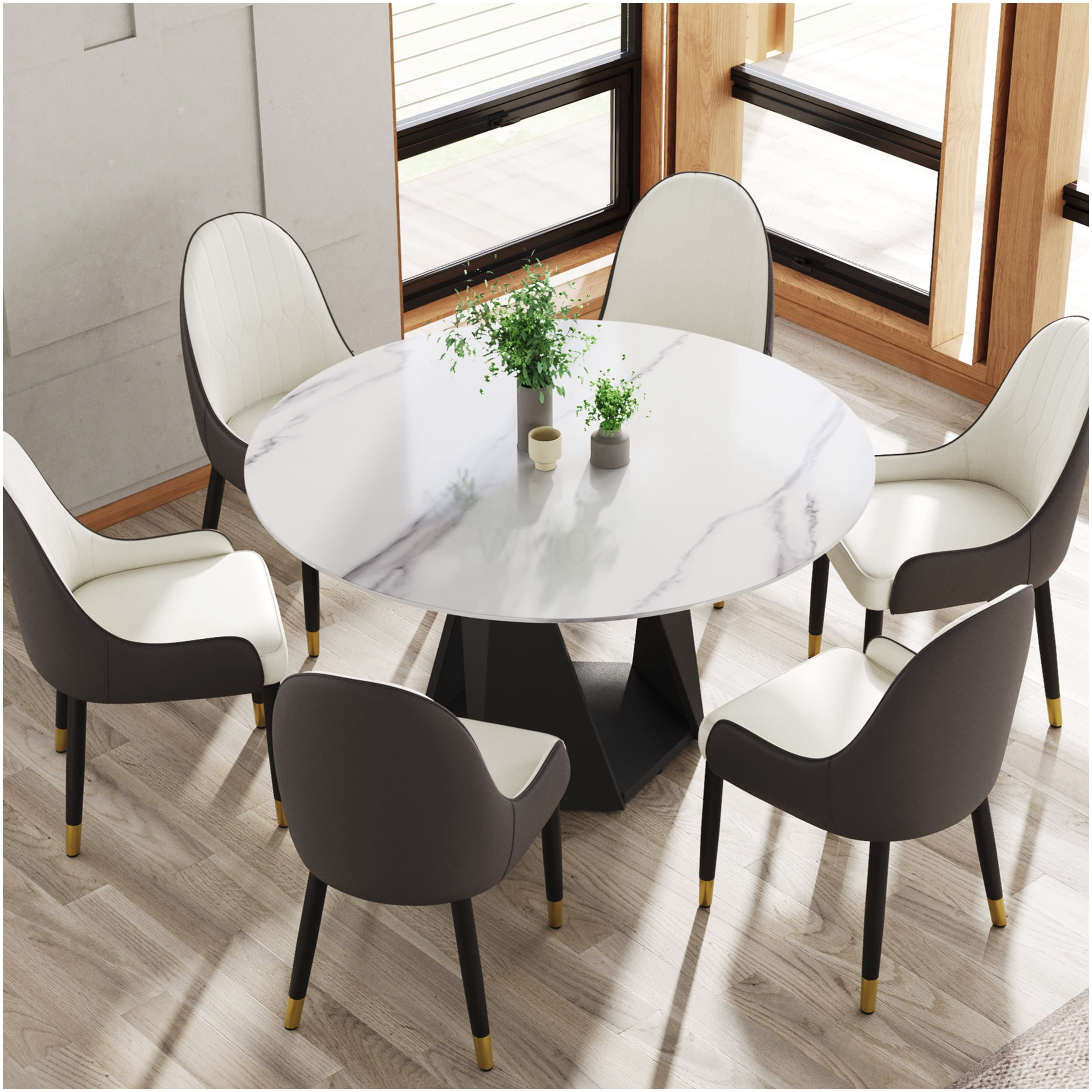 53 Inch Round Sintered Stone Dining Table with Metal Pedestal Base ...