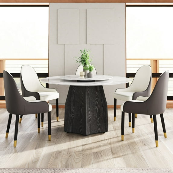 53-Inch Round Table for Family Meals | Seats 6, Rotatable in Dining Room | Sintered Stone & Oak Wood | Anti-fouling, Easy to Maintain Design