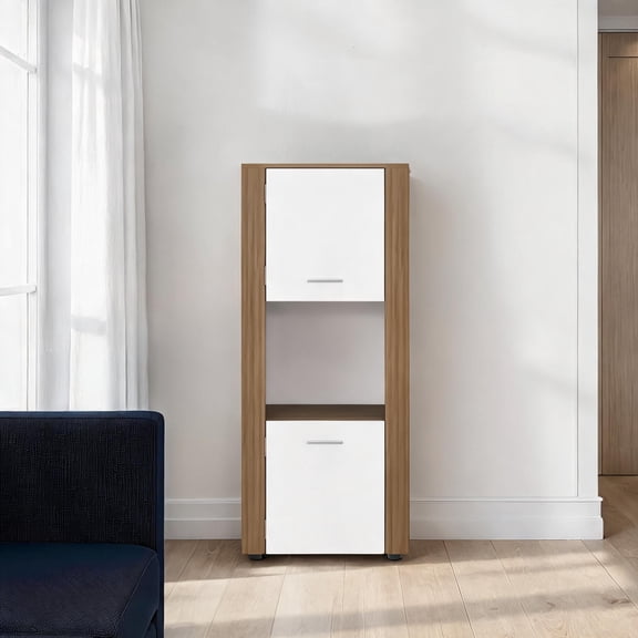 53-Inch Vertical Compact Bookcase Cabinet, Modern Minimalist, Engineered Wood, Natural Oak and Crisp White