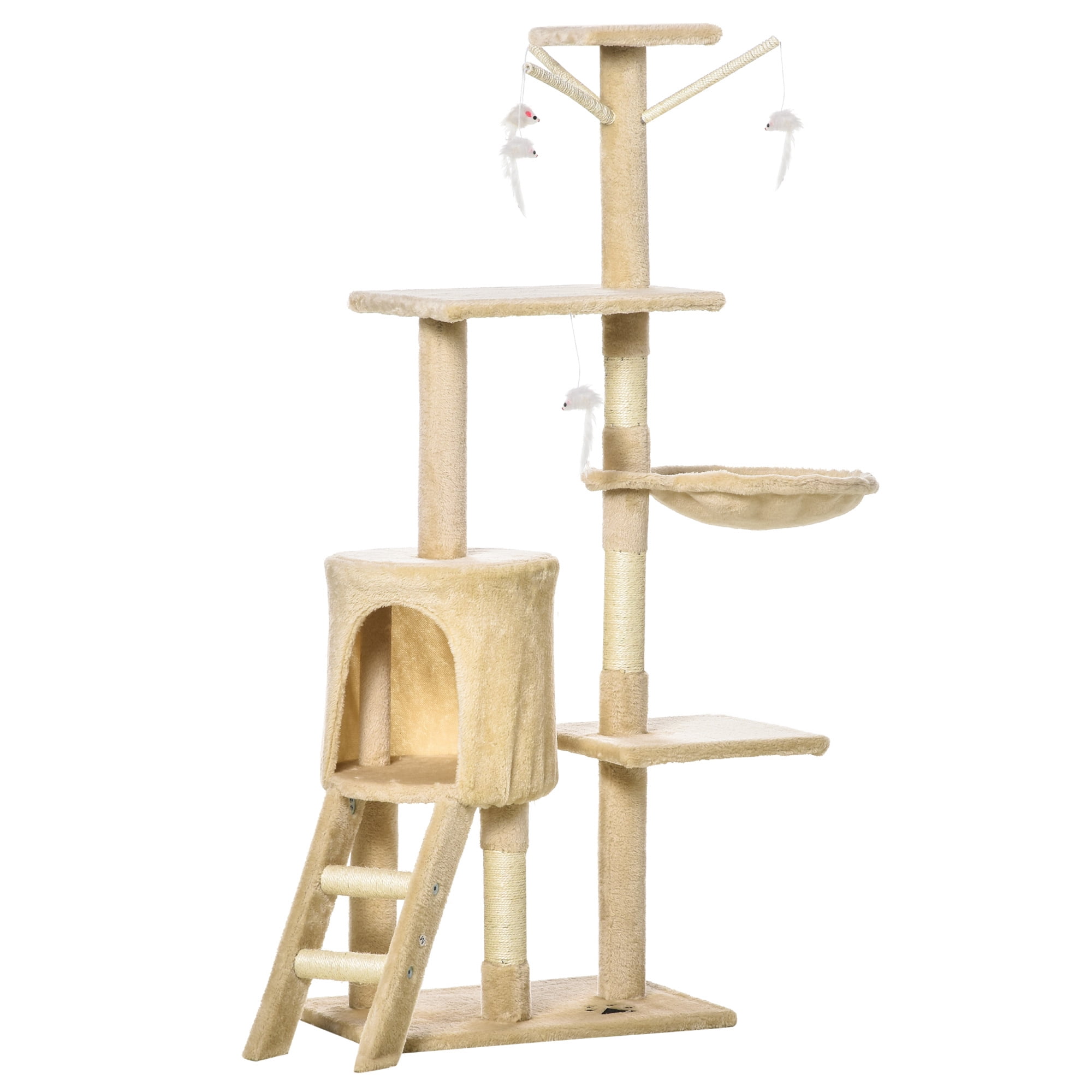 53" Interactive Cat Condo Tower Scratching Post Activity Tree House Plush Sturdy Cat Tree- Beige