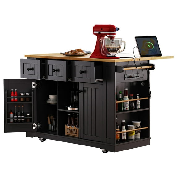 53" Island Table for Kitchen with Drop Leaf, Power Outlet, Kitchen Island with Storage, Rolling Kitchen Cart on 5 Wheels with 5 Open Side Racks (Not include bar stools)