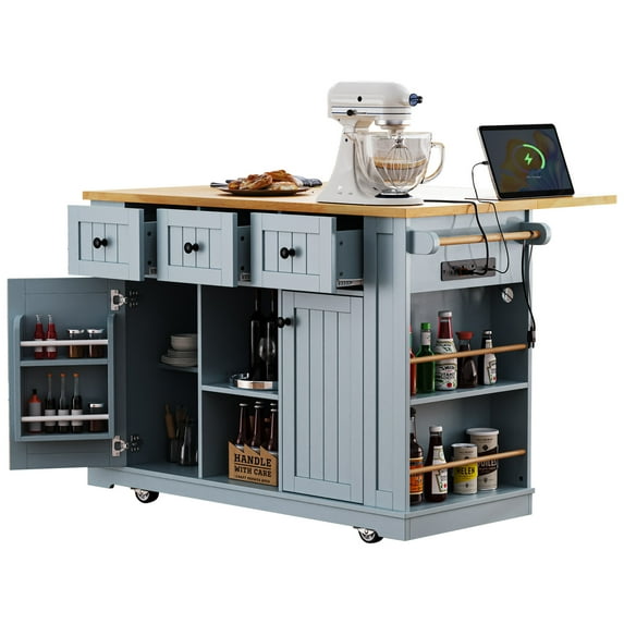 53" Island Table for Kitchen with Drop Leaf, Power Outlet, Kitchen Island with Storage, Rolling Kitchen Cart on 5 Wheels with 5 Open Side Racks (Not include bar stools)