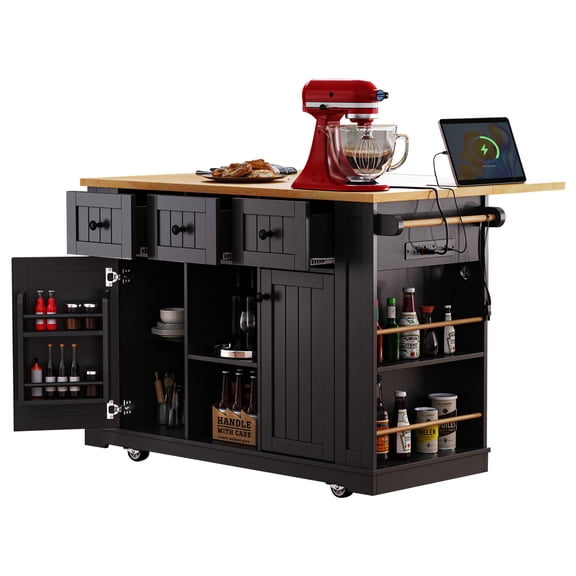Kitchen Island with Drop Leaf and Power Outlet – 53" Rolling Storage Island on 5 Wheels for Dining Room, Black (Stools Not Included)