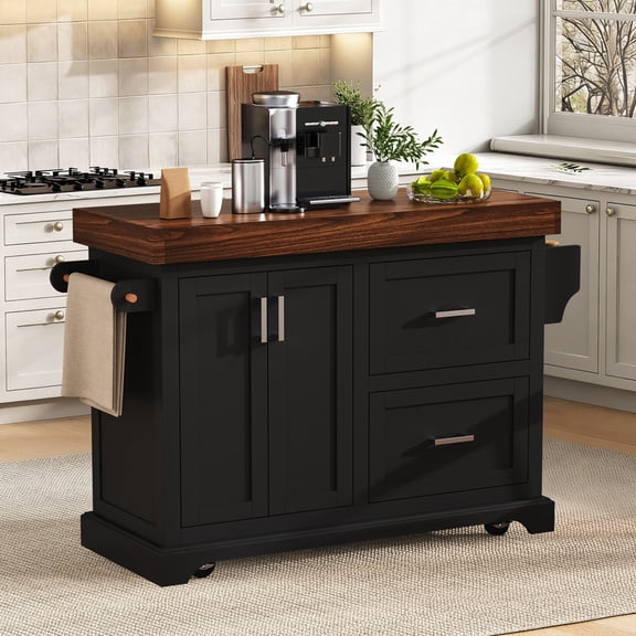53" Large Kitchen Island with Storage on 5 Wheels, 2 Extra-large Drawers, for Home, Kitchen, Dining Room