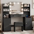 thumbnail image 1 of 53" Large Makeup Vanity Set with Mirror and Lights, NEORIVER Big Balck Makeup Vanity Desk with Chair and Power Outlet, 3 Color Lighting Modes & Adjustable Brightness for Bedroom, 1 of 10
