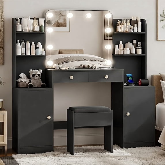 53" Large Makeup Vanity Set with Mirror and Lights, NEORIVER Big Balck Makeup Vanity Desk with Chair and Power Outlet, 3 Color Lighting Modes & Adjustable Brightness for Bedroom
