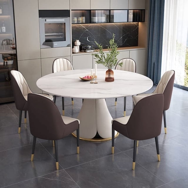 Leavader 53” White Sintered Stone Round Dining Table Set with Stainless ...