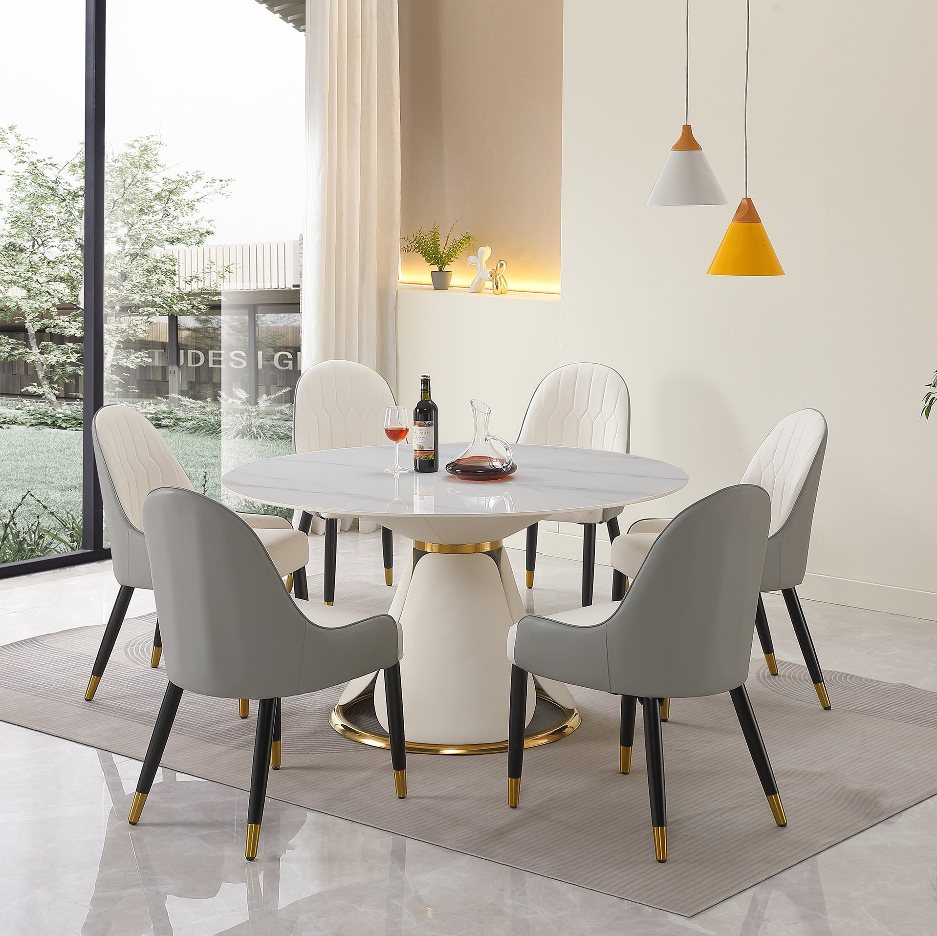 53” Leavader White Sintered Stone Round Dining Table with Stainless ...
