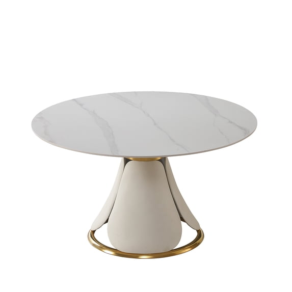 Leavader 53” White Sintered Stone Round Dining Table with Lotus Shaped ...