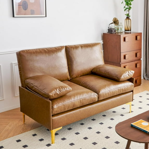 Atopston Faux Leather Sofa Couch, 53'' Mid-Century Modern Loveseat, Breathable Couch with Upholstered Cushions/Pillows, 2-Seat Sofas and Couches, for Living Room Apartment Office, Caramel