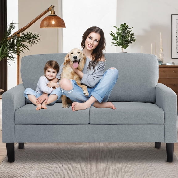 53" Loveseat Sofa Modern Small Couch Sofa, Settee Loveseat, Linen Fabric Upholstered 2-Seat Sofa Furniture, Love Seat for Small Spaces Dorm Room, Bedroom, Apartment with Wood Legs, Light Grey