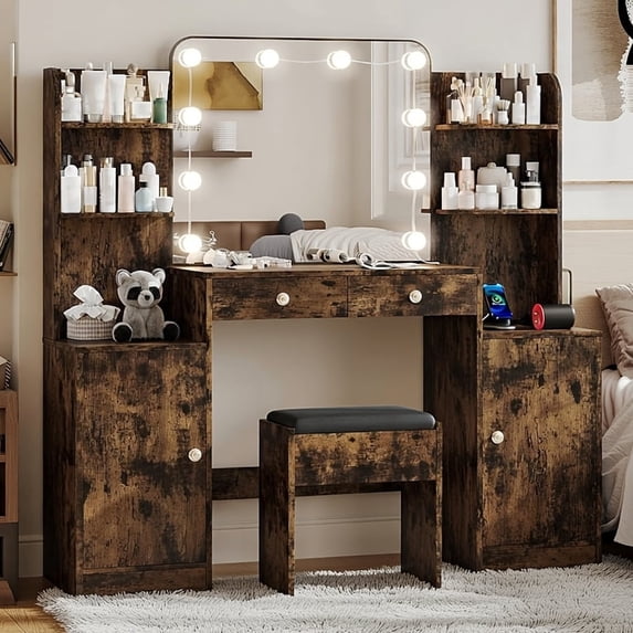 53" Large Makeup Vanity Set with Mirror and Lights, NEORIVER Big Brown Makeup Vanity Desk with Chair and Power Outlet, 3 Color Lighting Modes & Adjustable Brightness for Bedroom