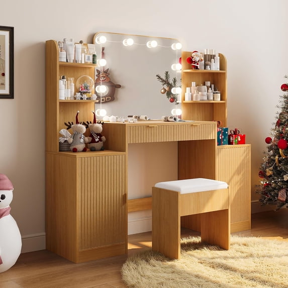 53" Large Makeup Vanity Set with Mirror and Lights, NEORIVER Big Brown Makeup Vanity Desk with Chair and Power Outlet, 3 Color Lighting Modes & Adjustable Brightness for Bedroom