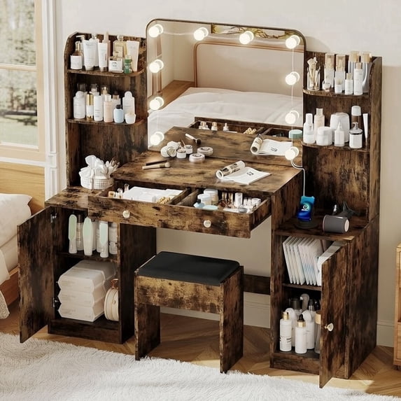 53" Large Makeup Vanity Set with Mirror and Lights, NEORIVER Big Brown Makeup Vanity Desk with Chair and Power Outlet, 3 Color Lighting Modes & Adjustable Brightness for Bedroom