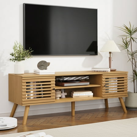53" Mid Century Modern TV Stand for 50/55/60 inch TV, TV Media Console with Storage for TVs up to 60", Entertainment Center with Slatted Doors for Living Room, Bedroom, Oak