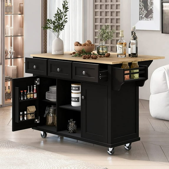 53" Mobile Kitchen Island with Drop Leaf, Rubber Wood Top, Modern Kitchen Cart with Lockable Casters & 3 Drawers, Rolling Storage Cabinet for Kitchen, Dining Room, Black