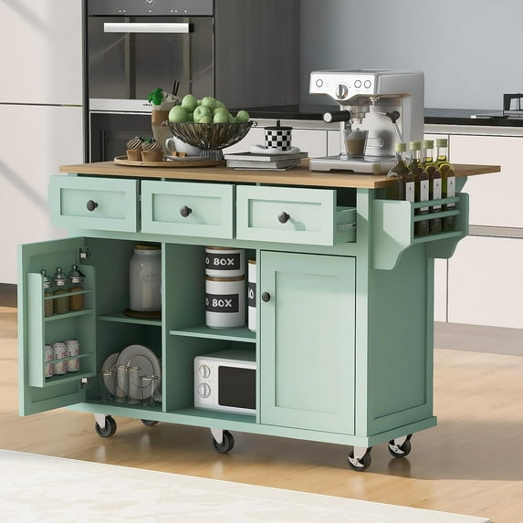 53" Mobile Kitchen Island with Drop Leaf, Rubber Wood Top, Modern Kitchen Cart with Lockable Casters & 3 Drawers, Rolling Storage Cabinet for Kitchen, Dining Room (Mint Green)