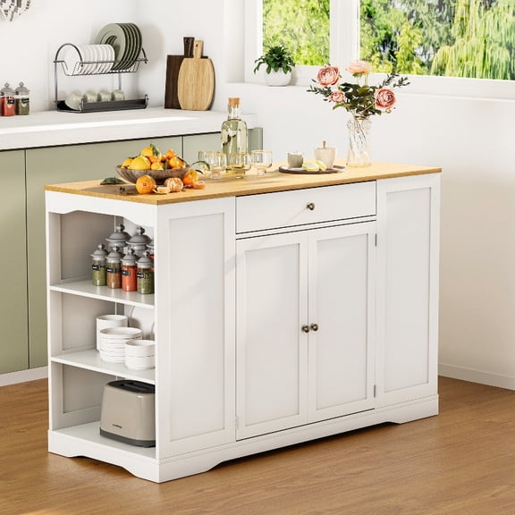 53" Mobile Kitchen Island with Trash Cabinet - White Cart with Spice Rack, Towel Bar & Drawers
