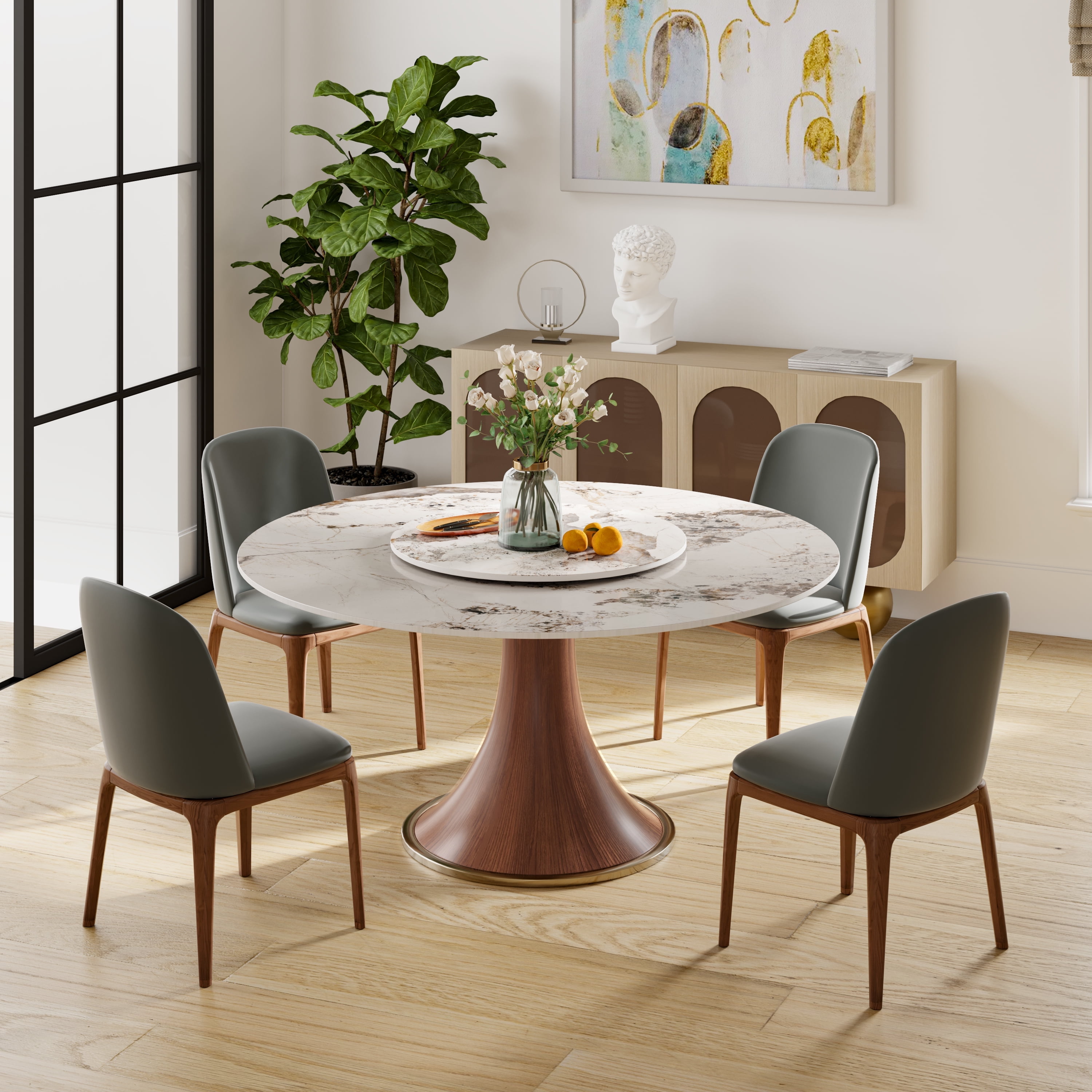 POVISON 53'' Modern Farmhouse Round Dining Table With Lazy Susan For 4 ...