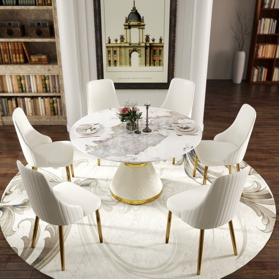 53" Modern Round Dining Table,Sintered Stone Tabletop With Carbon Steel Pedestal Base for Kitchen