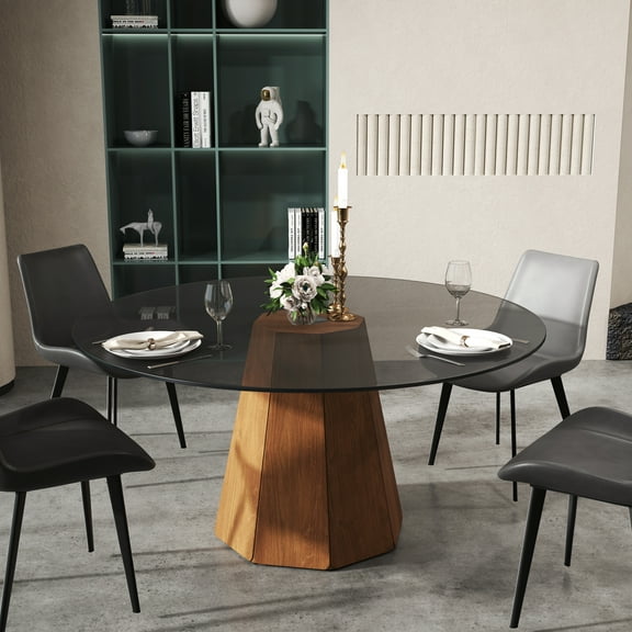 53" Modern Round Dining Table,Tempered Glass Round Kitchen Table for 4,Walnut Wooden Base,Table Only