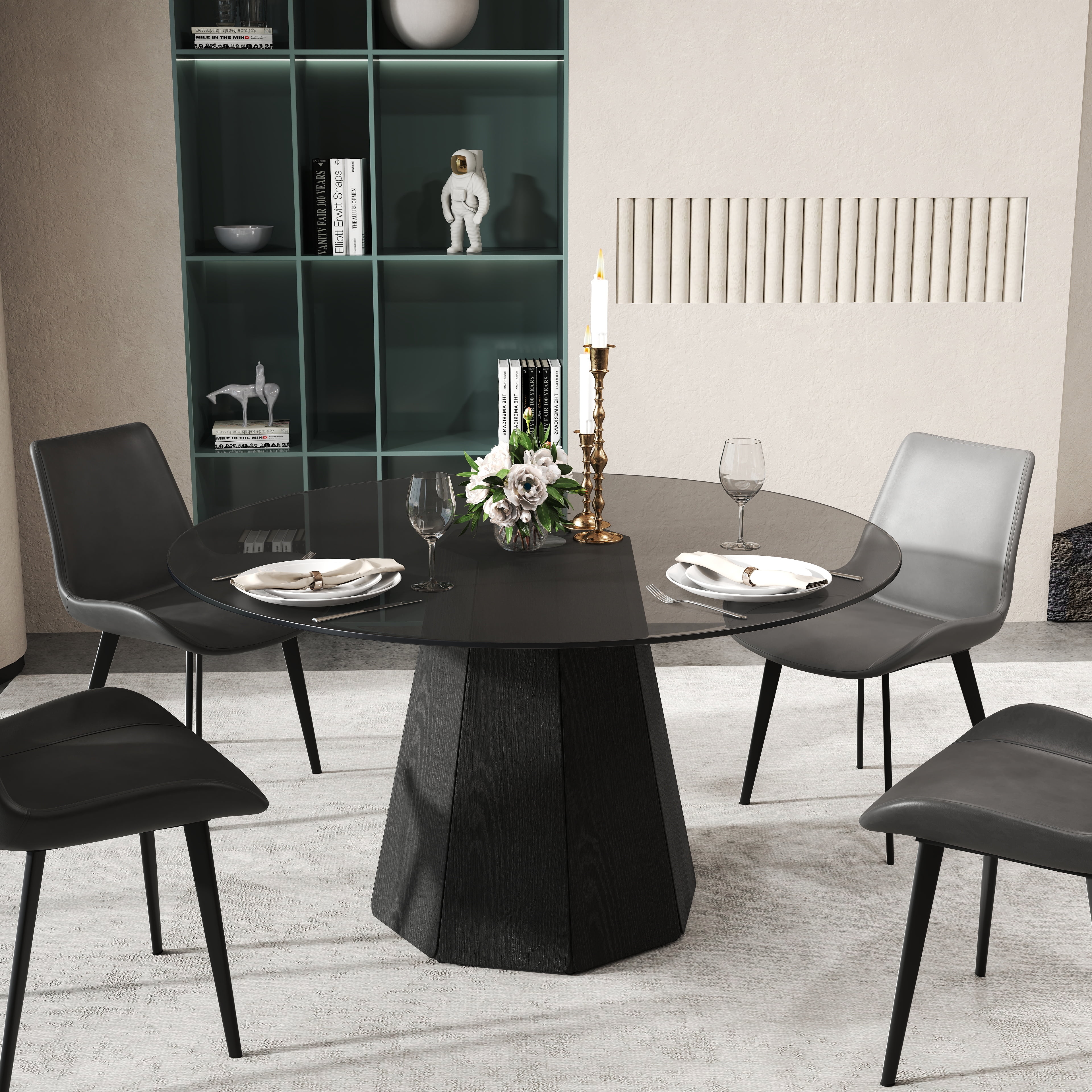 53" Modern Round Dining Table w Black Base, Tempered Glass Round Kitchen Table for 4-6, Table ...