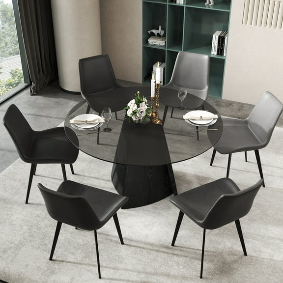 53" Modern Round Dining Table w Black Base, Tempered Glass Round Kitchen Table for 4-6, Table Only
