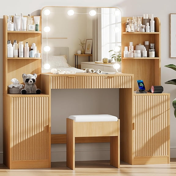 53" Oak Vanity Set with Mirror and Lights, Akaber Makeup Vanity Desk with Chair and Charging Station for Bedroom