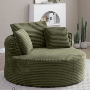 Vanress 53'' Oversized Round Chaise Lounge Chair Indoor,Upholstered Corduroy Deep Seat Cloud Circle Sofa Chair,Modern Fluffy Comfy Floor Reading Armchair for Living Room,Bedroom,No Assembly,Green