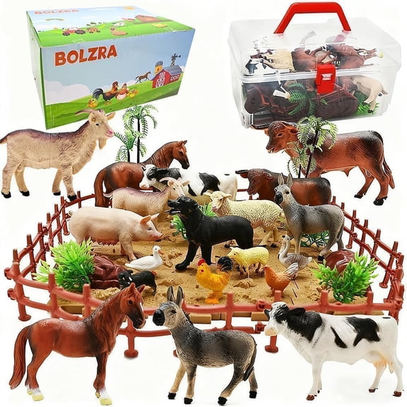 53 PCS Realistic Farm Animal Figurines, Plastic Farm Toy Set with Fences & Building Blocks, Educational Playset for Toddlers & Kids