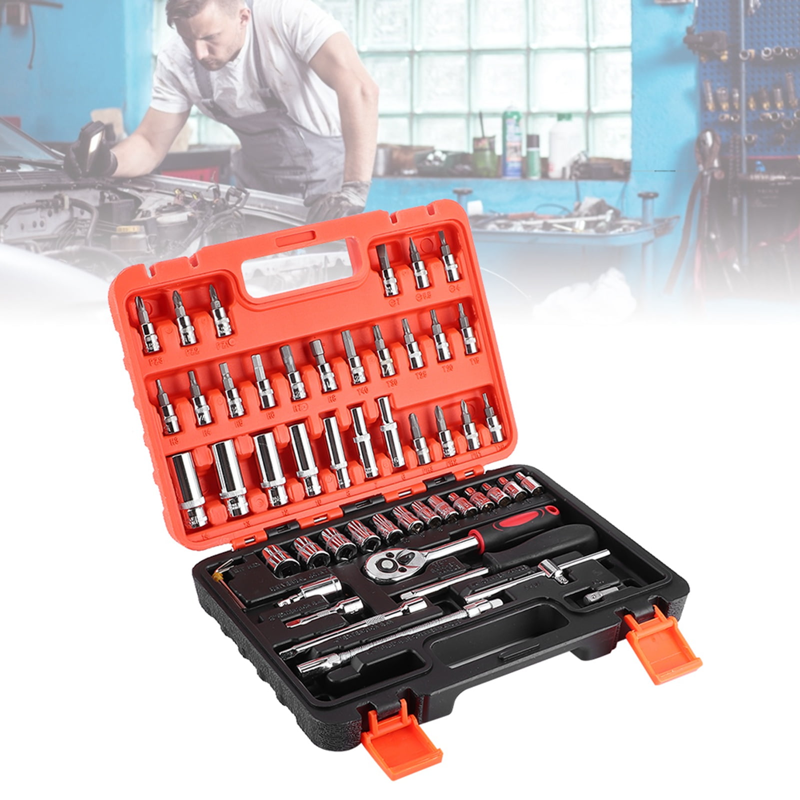 53 Piece 1/4” Socket Wrench Set Metric Tool Kit With Wrench Handle