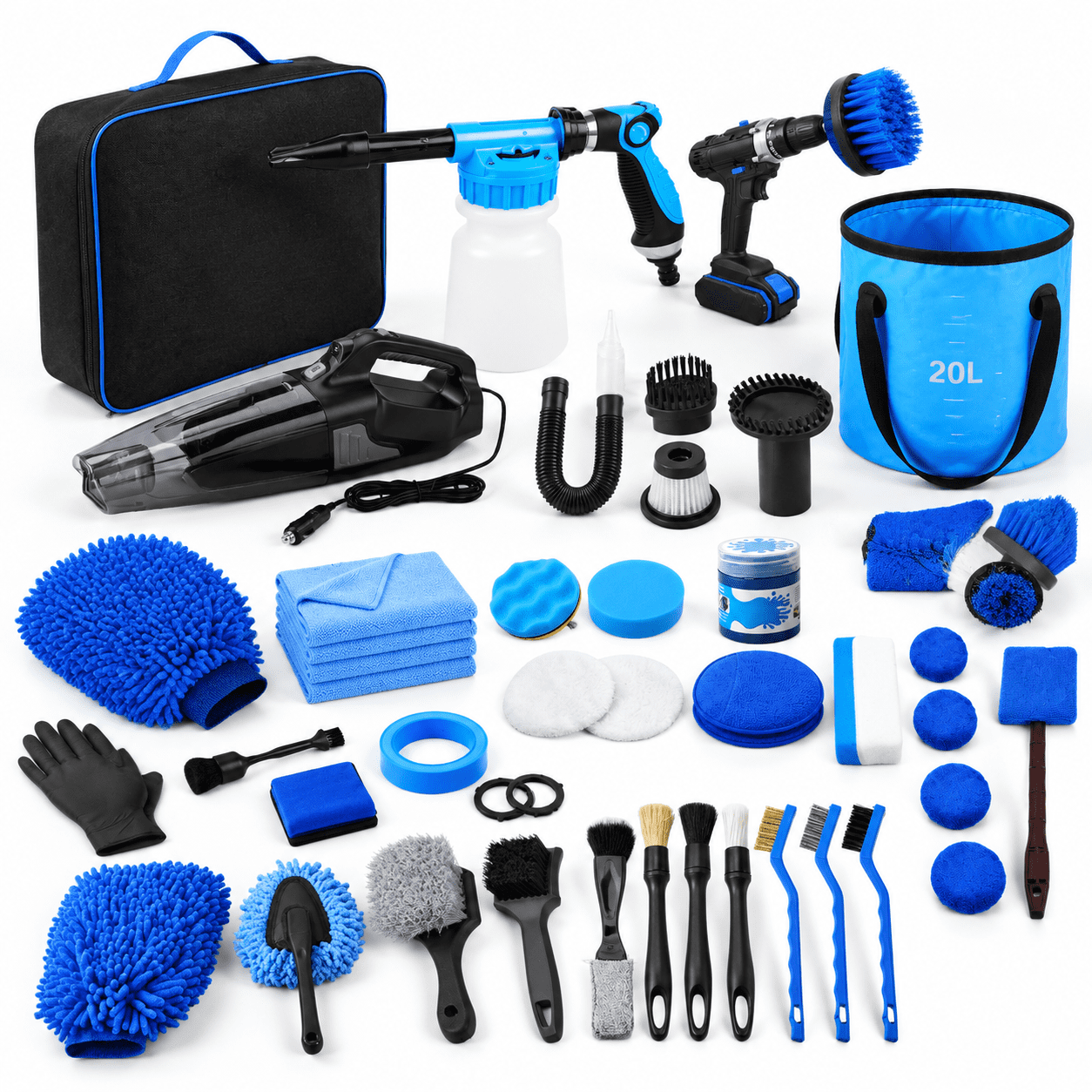 53-Piece Car Detailing Kit with Handheld Vacuum, Drill Brushes, and ...