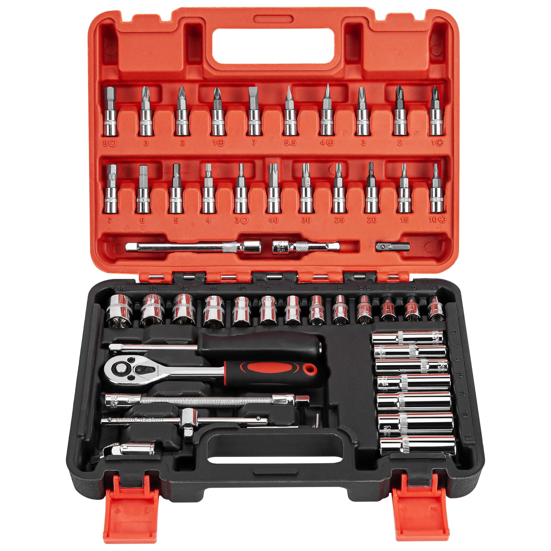 53 Pieces 1/4 inch Drive Socket Ratchet Wrench Tool Set with Bit Socket Set Metric and Extension Bar for Auto Repairing and Household, with Storage Case