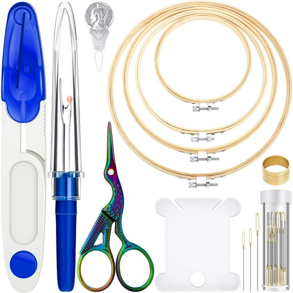 53 Pieces Cross Stitch Tool Embroidery Starter Kit Includes Bamboo Circle Cross Stitch Hoop Ring Sewing Scissors Needle Threading Tools Thimbles Floss Bobbins Seam Ripper and Embroidery(Blue)