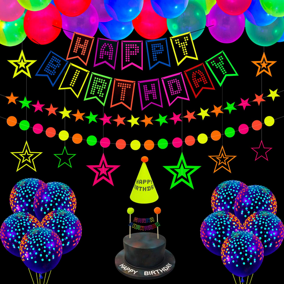 53 Pieces Glow Neon Birthday Party Supplies - Neon Balloons, Glow in the Dark Happy Birthday Banner with UV Black Light Reactive Cake Topper, Hats, Circle Dots Stars Garlands and Hanging Decorations