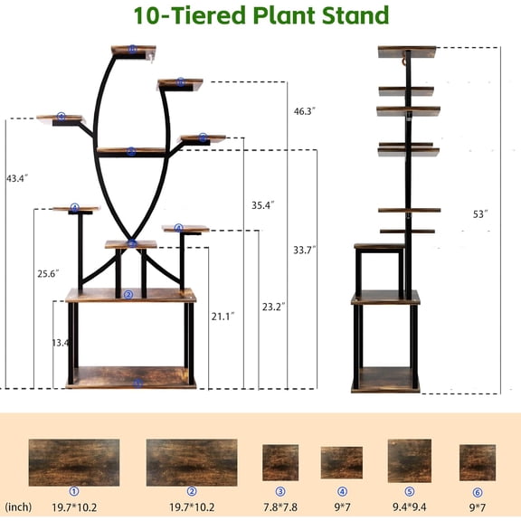 53" Plant Stand Indoor with Grow Lights, 10-Tier Space-Saving Corner Plant Shelf for Small Apartments, Lighted Indoor Plant Growing Display Rack for Living Room, Balcony & Bedroom
