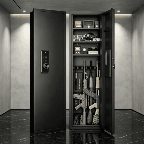 53" Recessed Fingerprint Wall Safe, Biometric In Wall Gun Cabinet with Digital Keypad Lock Adjustable Shelves and Steel Door, Rifle Storage Cabinet for Home Office Bedroom Closet Organization