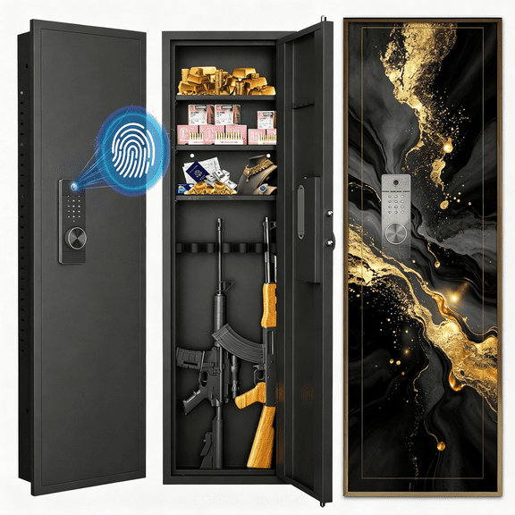 53" Recessed Wall Safe for Rifles, Fingerprint Biometric In Wall Gun Safe with Touch Panel Digital Lock Adjustable Shelves, Steel Firearm Storage Cabinet for Home Office Bedroom Closet and Garage