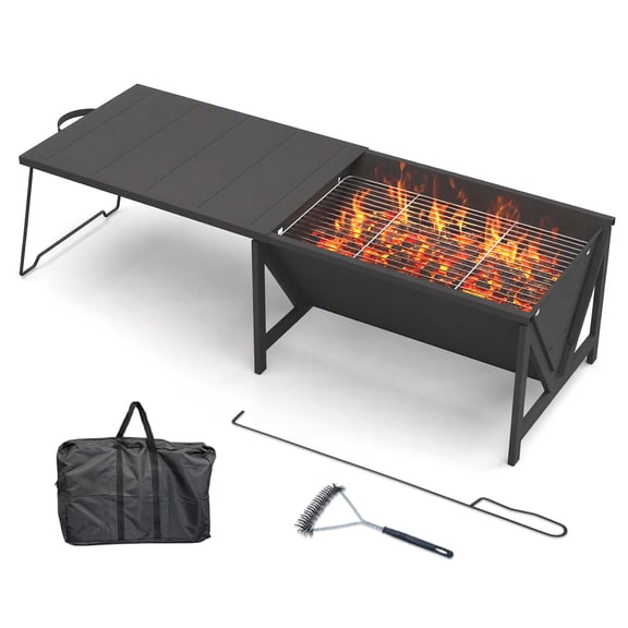 53" Rectangular Pull-Out Fire Pit, Dining Table/Ice Pit, 3-In-1 Outdoor Firepit with Grill Net/Poker/Wire Brush for Backyard Garden Camping Picnic, Square
