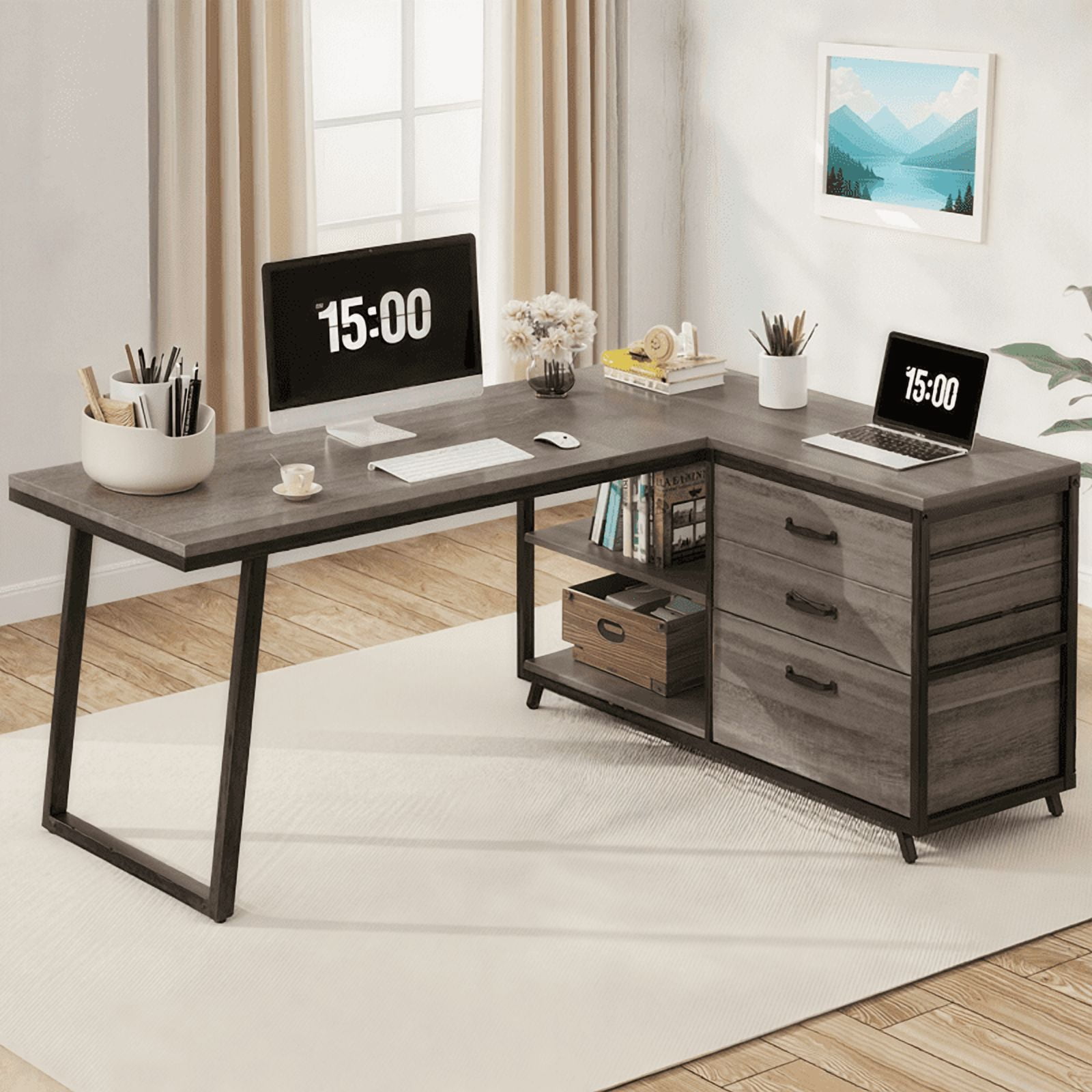 53" Reversible L-Shaped Computer Desk With 3 Drawers & Shelves - Spacious Workstation For Home Office, Study & Gaming (Gray)