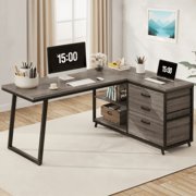 53 Reversible L-Shaped Computer Desk With 3 Drawers & Shelves - Spacious Workstation For Home Office, Study & Gaming Gray