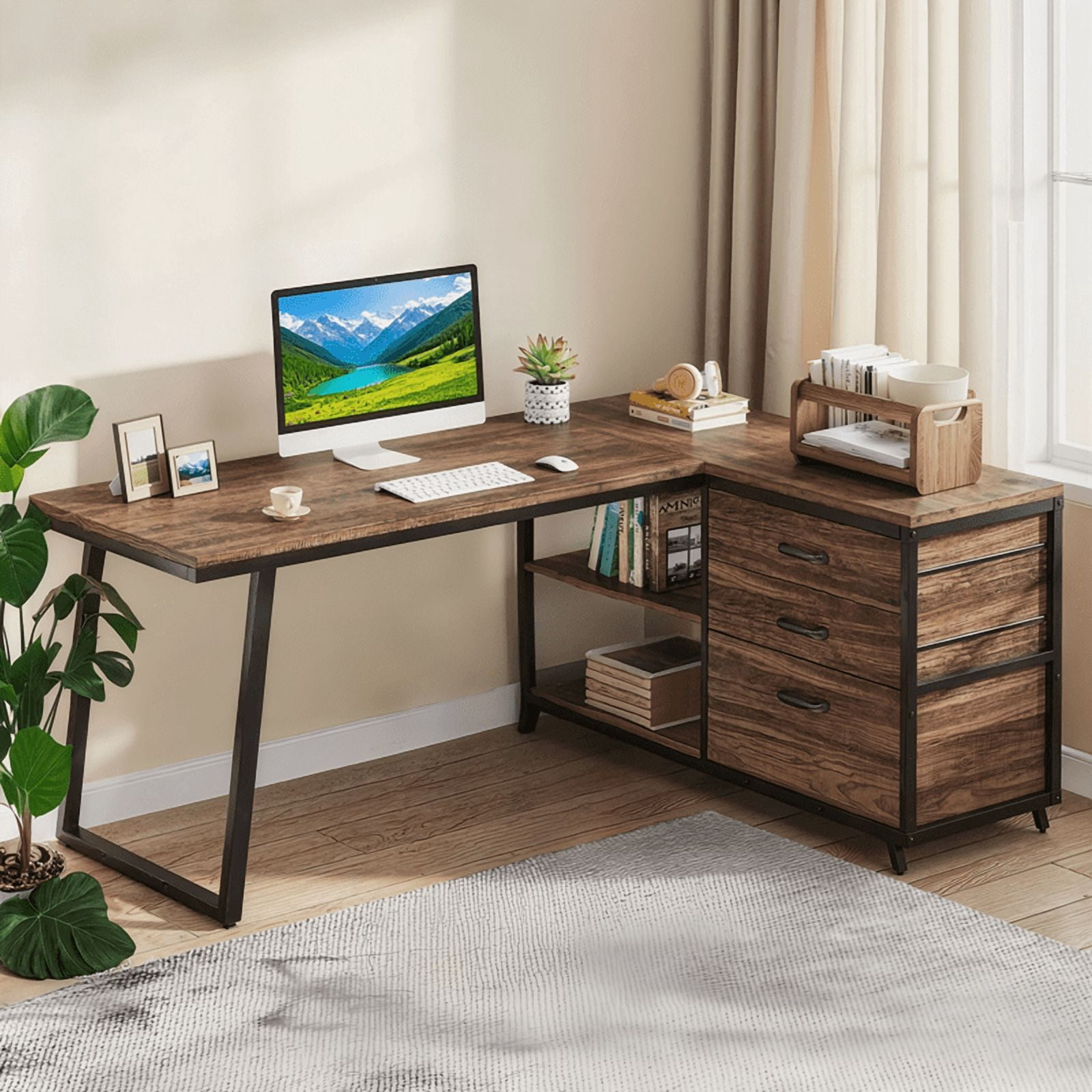 53" Reversible L-Shaped Computer Desk With 3 Drawers & Shelves - Spacious Workstation For Home Office, Study & Gaming (Rustic Brown)