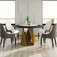 thumbnail image 1 of 53" Round Dining Table For 6, Black&white, With Heavy-duty Sintered Stone Top & Bronze Metal Base, 23.62" Rotatable Disk, Heat 6 Table, Iron Base White Turntable, Fire- Construction, 1 of 5
