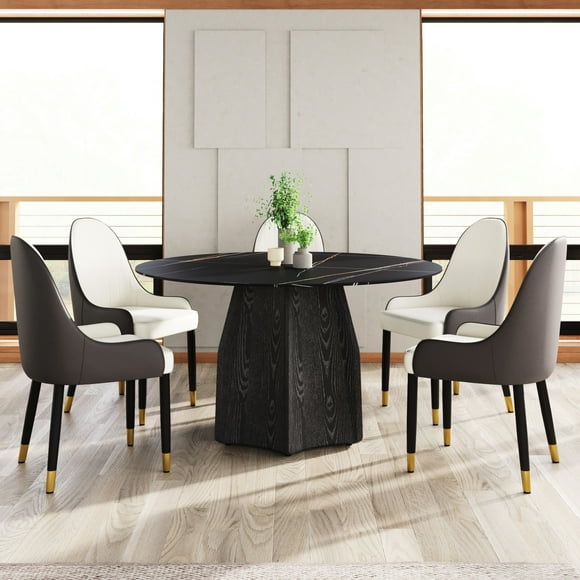 53" Round Dining Table In Black, Solid Oak Wood Base With Sintered Stone Top, Seats 6, Modern Room Table, To Stains And Burns Black Base, Surface For Fixture, Scratch & Easy Wipe Clean