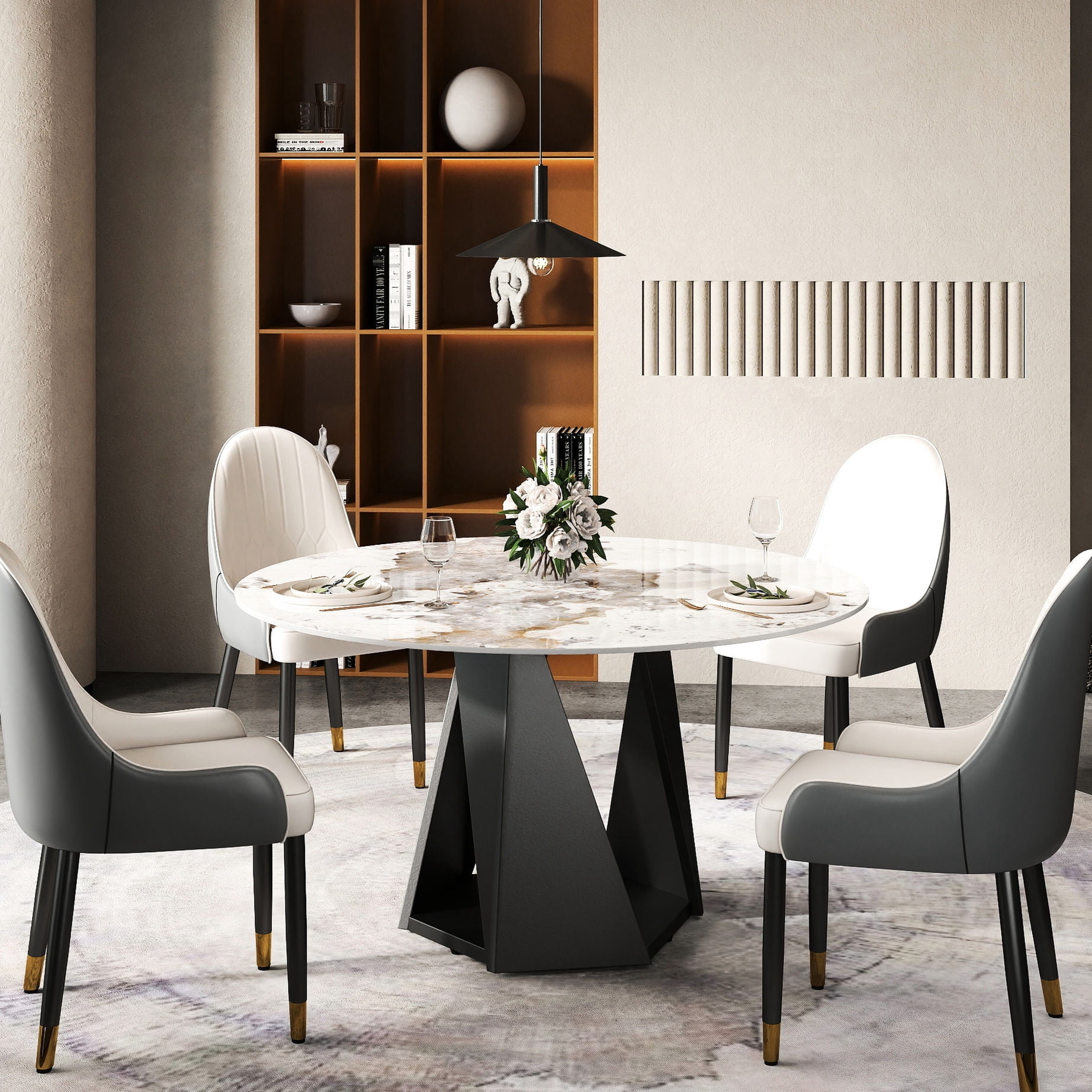 53" Round Dining Table Made of Sintered Stone with Black Iron Pedestal ...