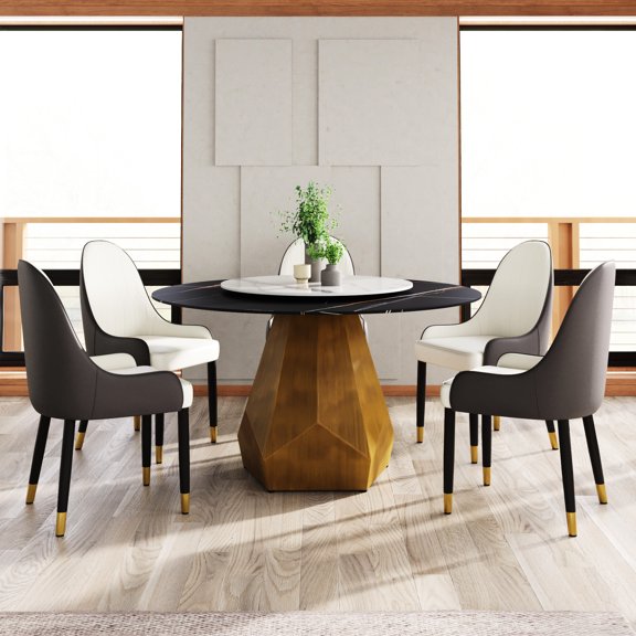 53" Round Dining Table With Metal Base & Artificial Marble - Black And White, 23.62" Turntable, Sintered Stone Surface For 6 Support Black&white, 6, Heat Fire