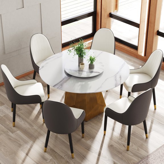 53" Round Dining Table With Metal Base, White Artificial Marble For 6, 23.62" Turntable, Heat & Fire Sintered Stone 6 - Stone, Rotatable Disk