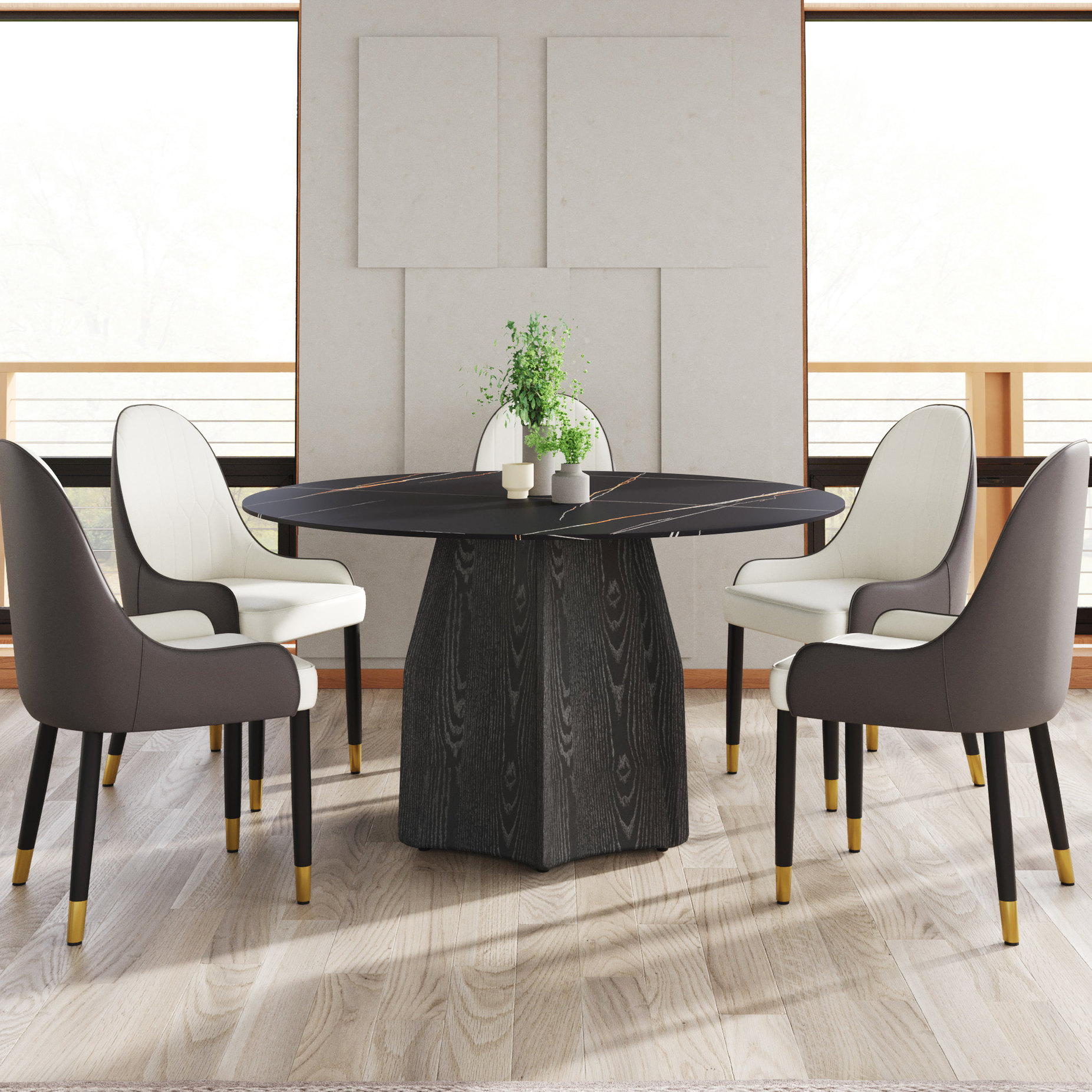 53" Round Dining Table of Sintered Stone and Solid Oak for 6 People in ...